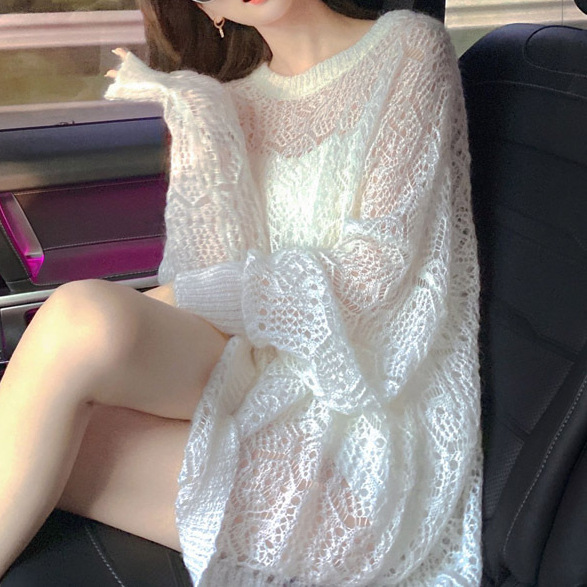 2026 Spring/Summer New Soft and Gentle Fairy Style Hollow Out White Sweater Mid-Length Lazy Solid Color Cover-Up Top