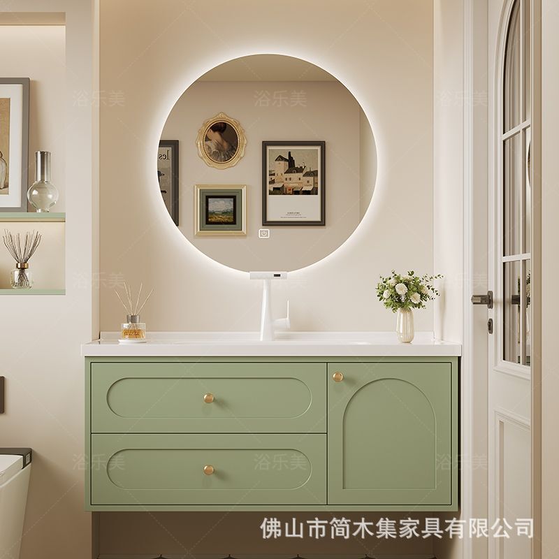 现代橡木简约浴室柜组合卫生间智能岩板无缝洗手台洗手盆洗漱池|undefined