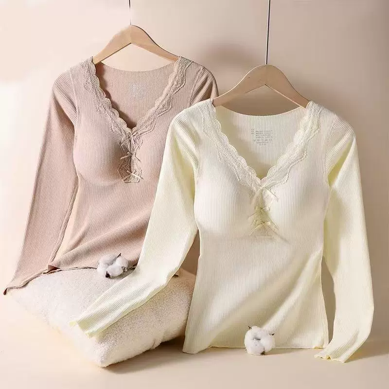 秋冬蕾丝V领蝴蝶结保暖长袖长裤带胸垫发热秋衣秋裤无痕保暖套装