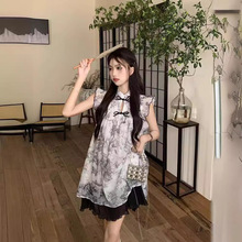 新中式国风水墨画小飞袖娃娃裙连衣裙女夏季无袖法式复古显瘦裙子