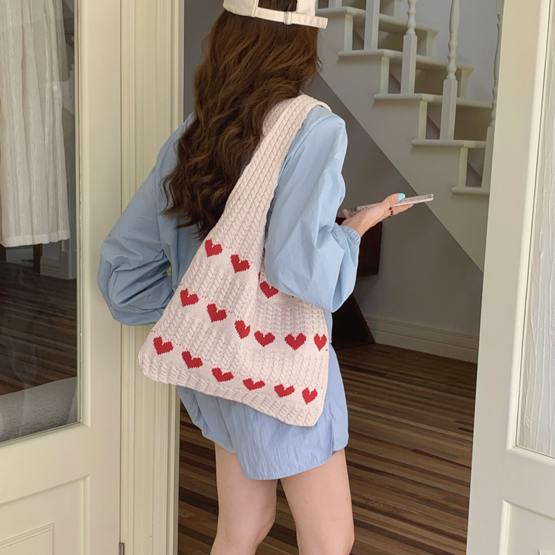 New Cross-Border Ins Love Pattern Wool Woven Knitted Bag Large Capacity Shopping Bag Commuter Handmade Tote Bag