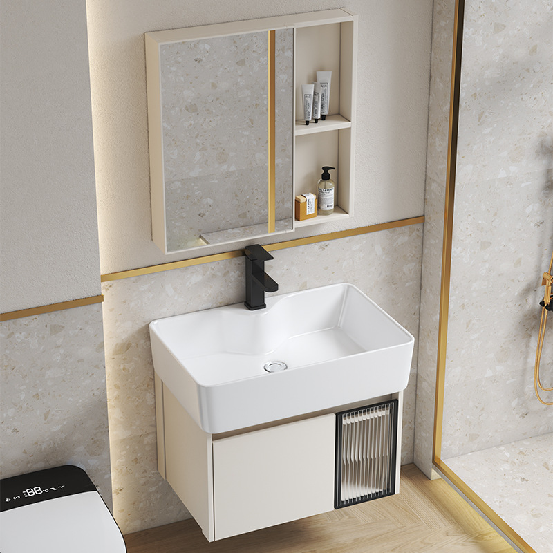 Estilo crema gabinete de baño combinación de espacio de aluminio pequeño apartamento lavabo de baño de cerámica integrado impermeable lavabo