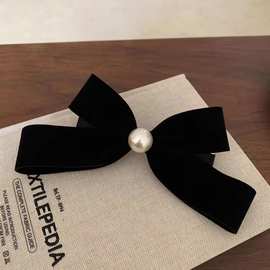 法式复古黑色丝绒珍珠蝴蝶结气质弹簧夹2023新款后脑勺发夹发卡女