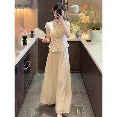 2025初夏穿搭胖新中式国风改良汉服杏色衬衫上衣高腰阔腿裤套装