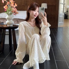 韩国ins女士春秋新品甜美风提花碎花花边长袖长裤睡衣家居服套装