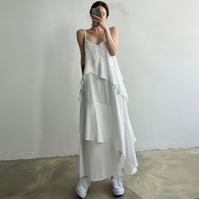 韓國chic夏季2022新款法式減齡無袖吊帶不規則長款連衣裙潮