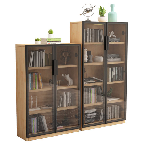 All solid wood glass door bookcase, modern simple living room shelf storage cabinet, display cabinet with sensor light