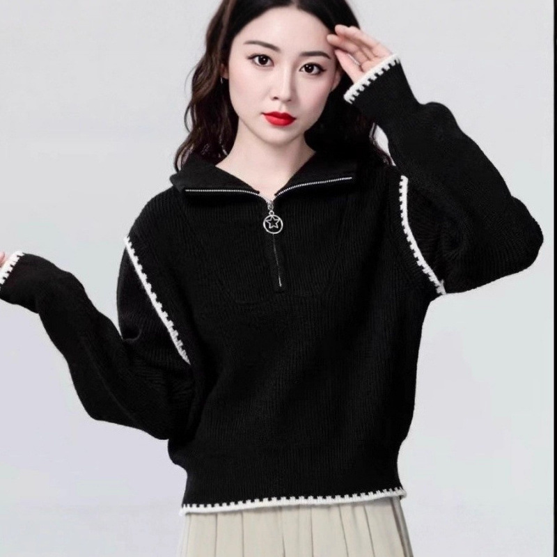 半拉链高领毛衣女2025秋冬新款宽松设计感小众别致长袖针织衫上衣
