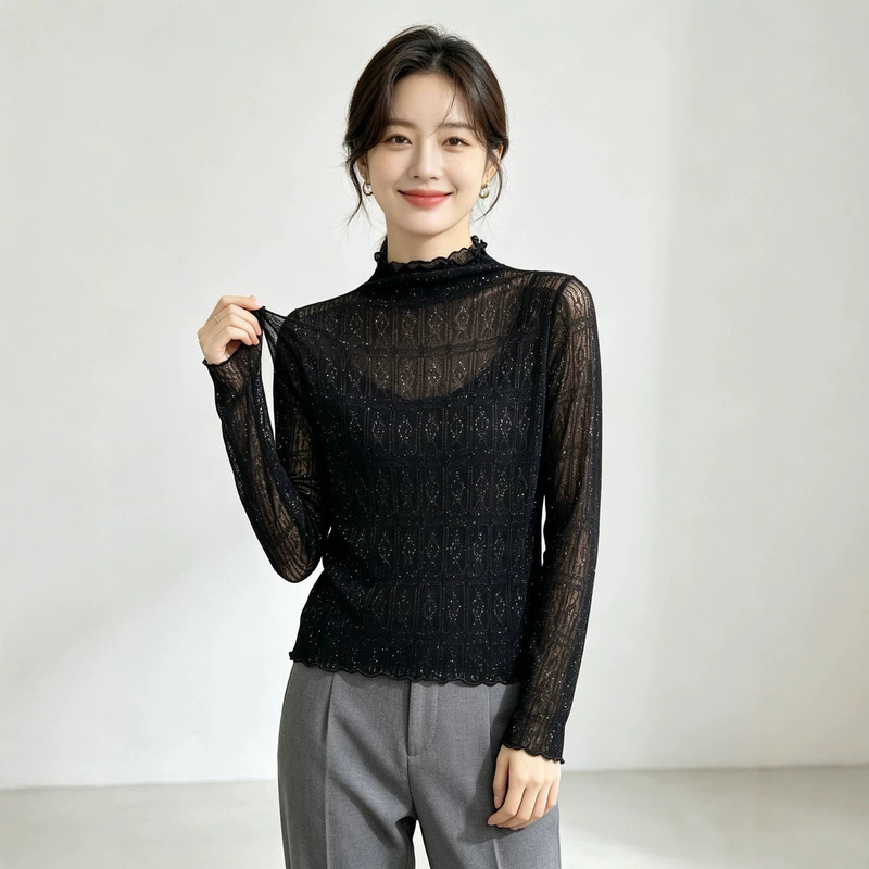 Autumn and winter lace base shirt for women, new high-end style with a semi-high collar and ruffled edges, thin top