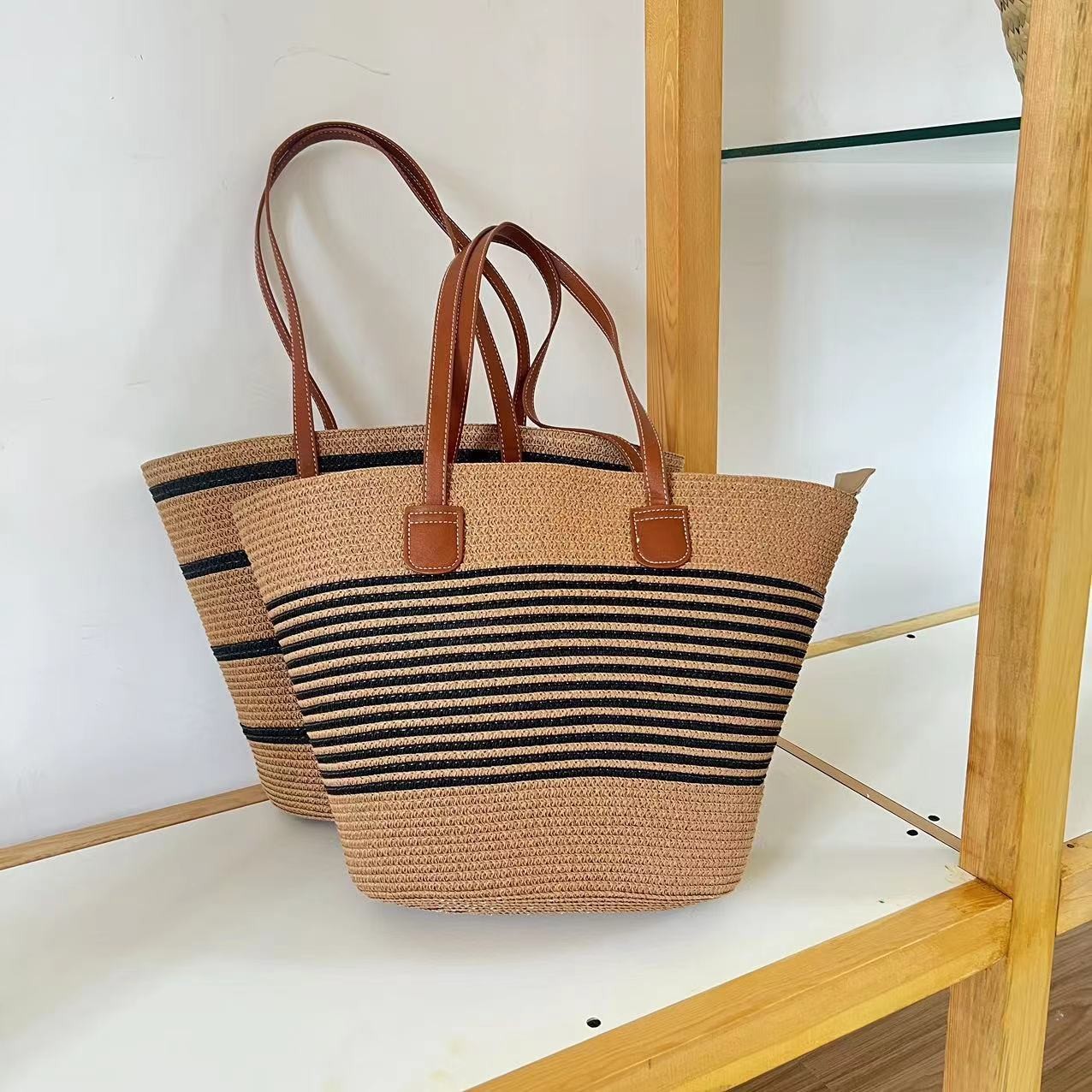 Stylish Striped Woven Shoulder Bag For Women Large Capacity Tote_voghion.com