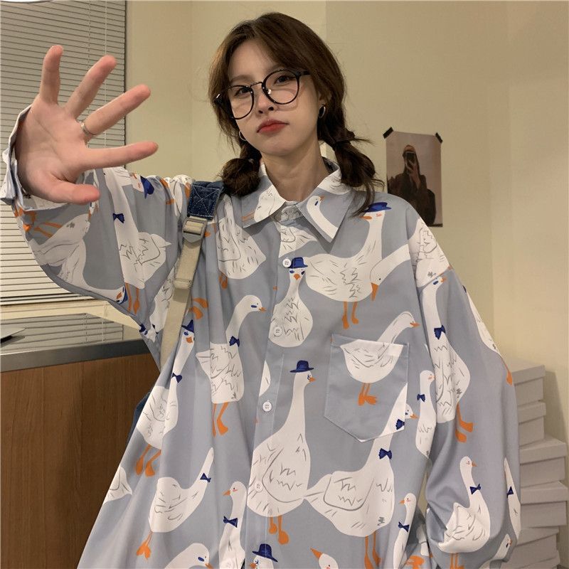 Design Sense Niche Beach Long-sleeved Floral Shirt for Men and Women Spring Hong Kong-style Loose Printed Shirt Student All-match Top