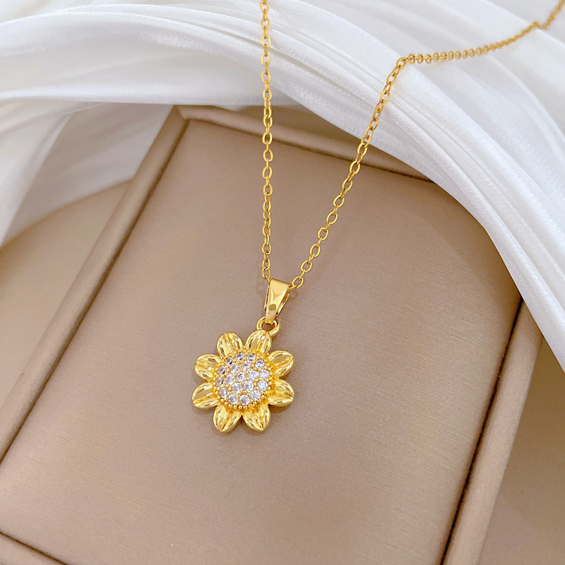 Wunderschöne Sonnenblumenhalskette Mit Strass Aus Titanstahl_voghion.com