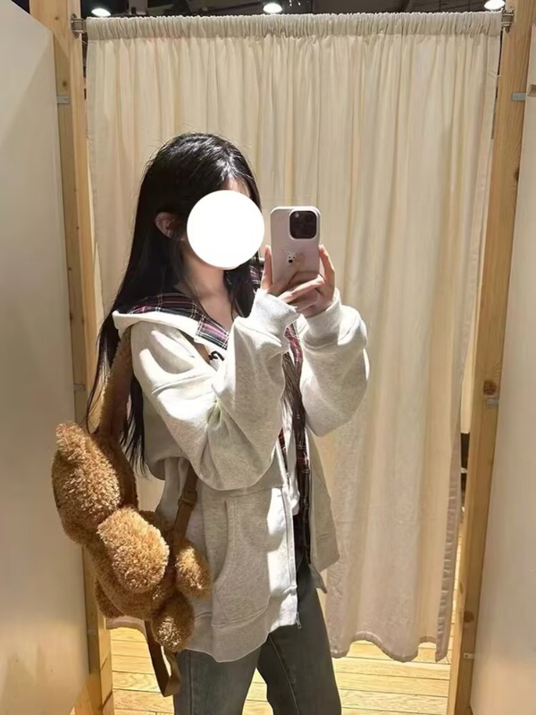 复古风连帽拉链开衫卫衣拼接2025秋冬新款格子加绒加厚休闲外套潮|undefined