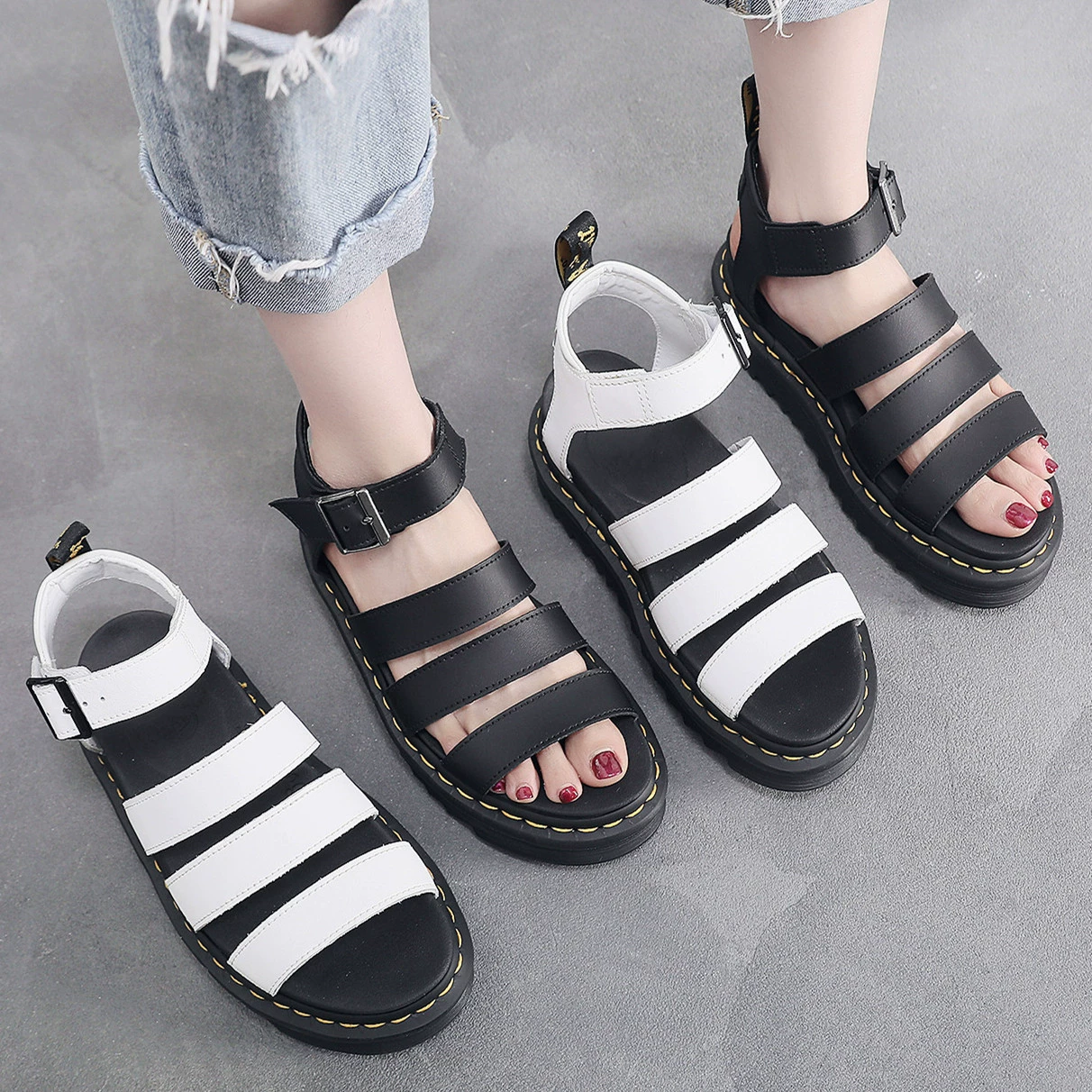 Летние сандалии (Martens) на платформе, пляжные шлёпанцы, чёрные/белые, размеры 35–44
