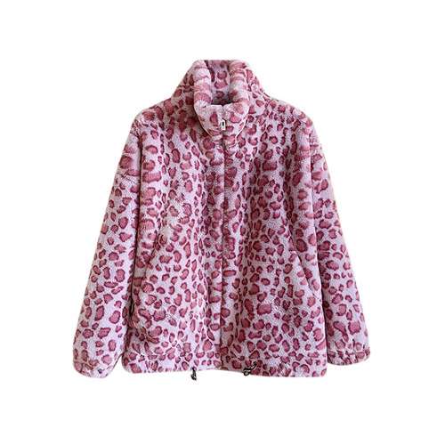 Pink leopard print loose plush top white zipper stand collar jacket winter Korean style imitation fur thickened jacket jacket