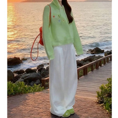 绿色连帽趣味印花针织衫女2025新款早秋季多巴胺上衣牛仔裤两件套