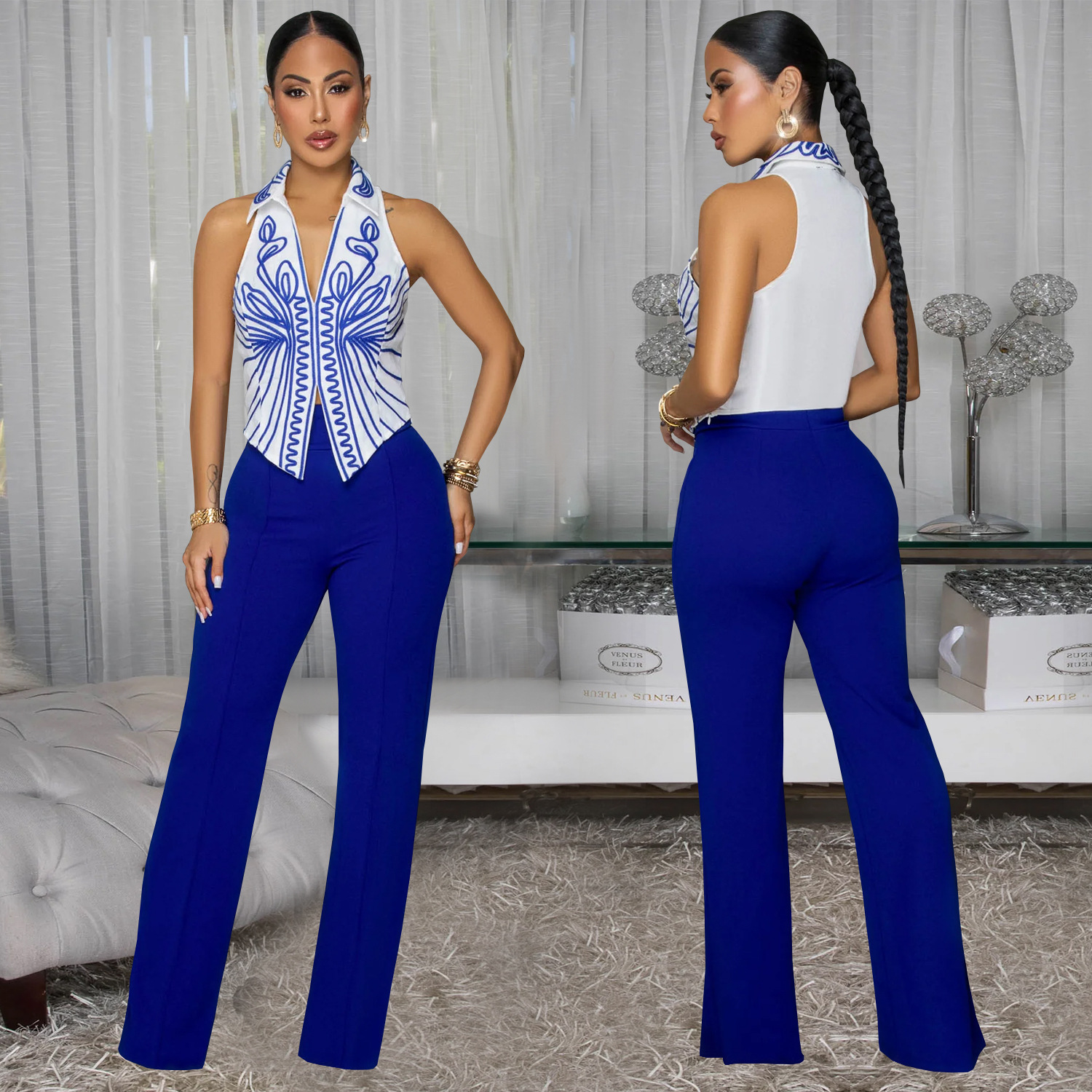 C7452 Cross-border AliExpress Amazon Moda europea y americana Ropa de mujer Temperamento Elegante top estampado Pantalones de dos piezas
