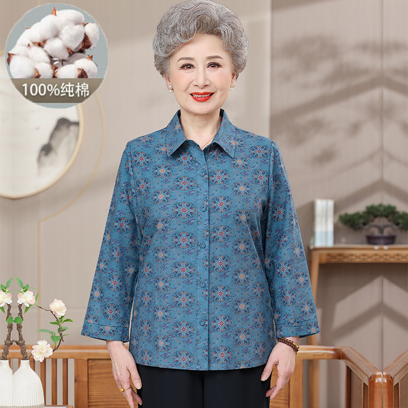 Mom's Summer Clothing 100% Pure Cotton Thin Shirt for Middle-Aged and Elderly Women, All-Cotton Grandma's Collared Top for Elderly Ladies