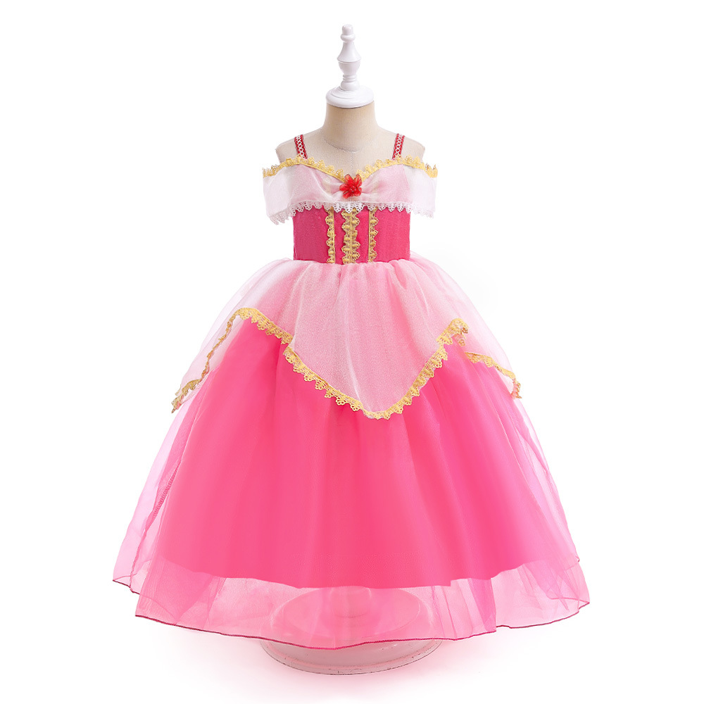 Amazon nuevo estilo Bella Durmiente Rosa pequeña flor flecha princesa vestido Cosplay rendimiento de las niñas vestido de malla