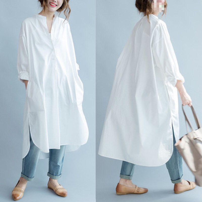 In-Stock Autumn Round-Neck Large-Size Long Shirt with Side Slits for Women, Solid Color Button-Up Artistic Dress In-Stock Autumn Round-Neck Large-Size Long Shirt with Side Slits for Women, Solid Color Button-Up Artistic Dress