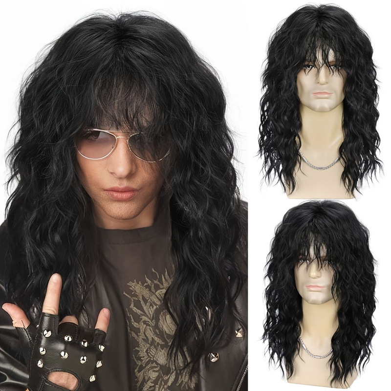 70S and 80S Rock Punk Wig, Men's Curly Bangs, Wooly Curls, Black Long Curly Hair Synthetic Fiber Wig