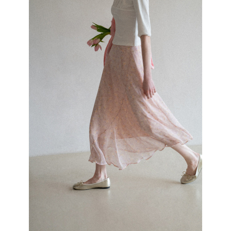 Irregularly Draped and Flowing Floral Print Skirt, Summer Pink High-Waisted Elegant Slimming A-Line Long Skirt Irregularly Draped and Flowing Floral Print Skirt, Summer Pink High-Waisted Elegant Slimming A-Line Long Skirt