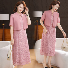 妈妈夏装改良蕾丝旗袍连衣裙两件套婚宴礼服中老年女装洋气长裙子