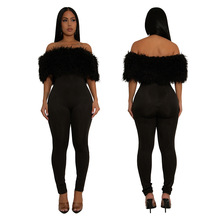 CY901986欧美亚马逊外贸新款一字肩毛毛拼接牛奶丝连体裤修身长裤