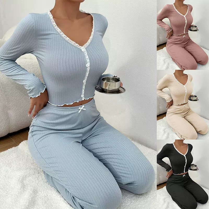 热销欧美家居服亚马逊睡衣长袖长裤修身性感花边双长套装Pajamas
