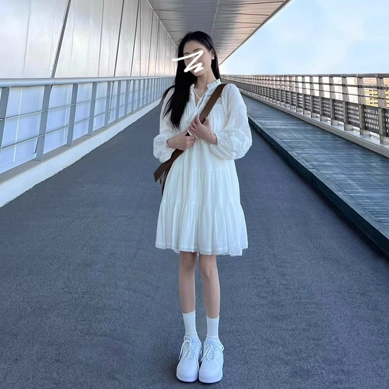 2024 early spring new French style puff sleeve shirt dress female students long sleeve wear mid-length A- line skirt 2024 early spring new French style puff sleeve shirt dress female students long sleeve wear mid-length A- line skirt