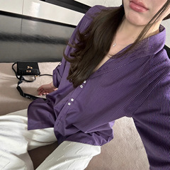 蝶宝嘻 春季限定 熏衣紫条纹衬衫女春秋新款宽松衬衣休闲长袖上衣