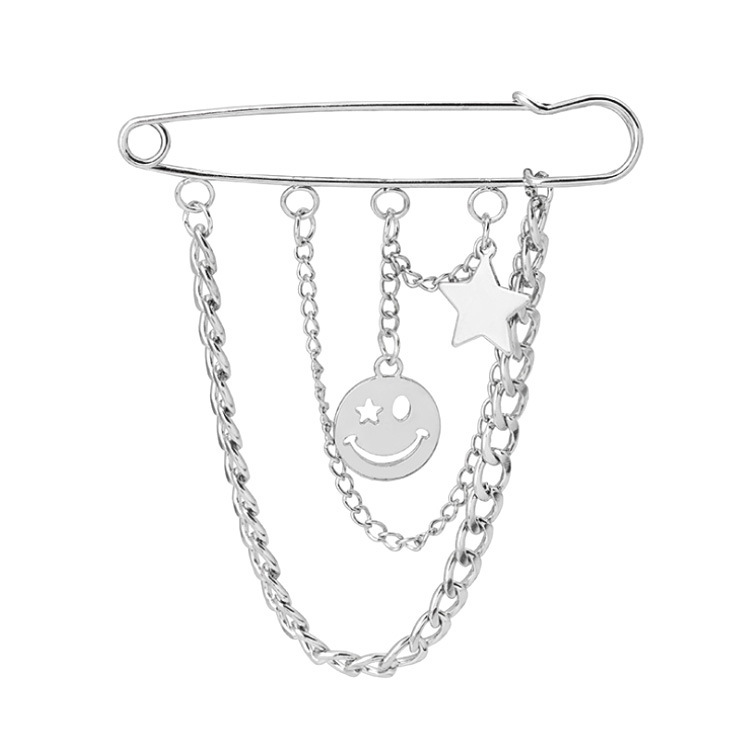 Japanese and Korean New Fashionable Metal Pin Chain Star Smiley Pendant All-match Suit Unisex Brooch