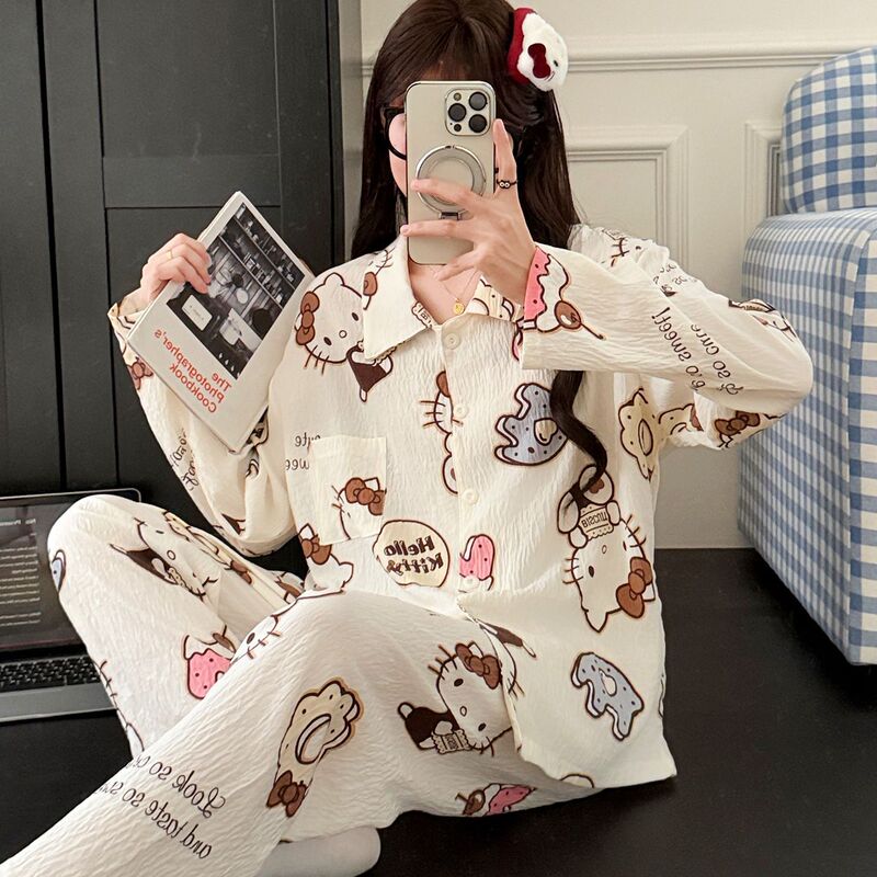 Doll Collar Navy Collar Korean Style Cartoon Cute Spring and Autum Pajamas for Women Cloud Cotton Long-Sleeved Cardigan Suit Can Be Worn Outside