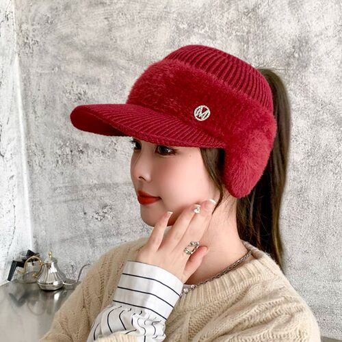 Beanie women's autumn and winter open-top thick ear protection warm duck billed hat Korean style versatile outdoor cold-proof knitted wool hat trendy