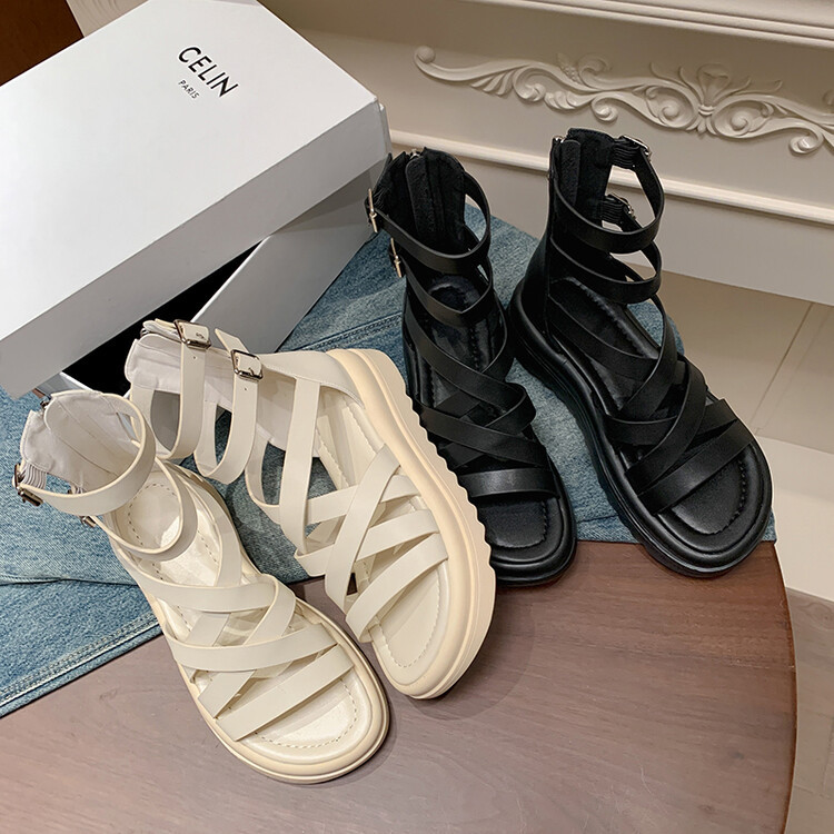 Sandal đế dày nữ da bò quai chéo hở ngón cao cổ mùa hè — Màu đen, Màu trắng be chi tiết 2