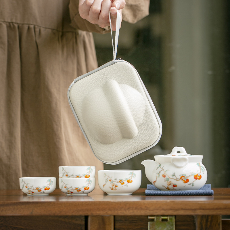 Mutton fat jade portable travel tea set Dehua white porcelain…