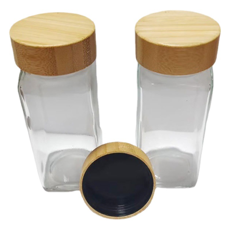 Tapa de madera de bambú condimento botella condimento frasco pequeña botella cuadrada transfronteriza Amazon selección producto con agujero polvo puede vidrio con tapa