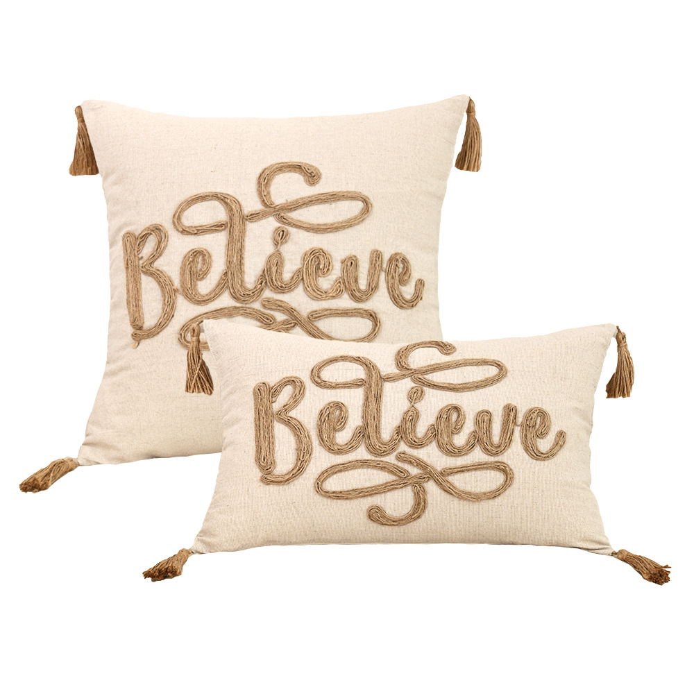 Funda de almohada bordada con cuerda de cáñamo nórdico transfronterizo Espiga colgante de cuatro esquinas Almohada pastoral retro Sala de estar Almohada de sofá Almohada de cintura