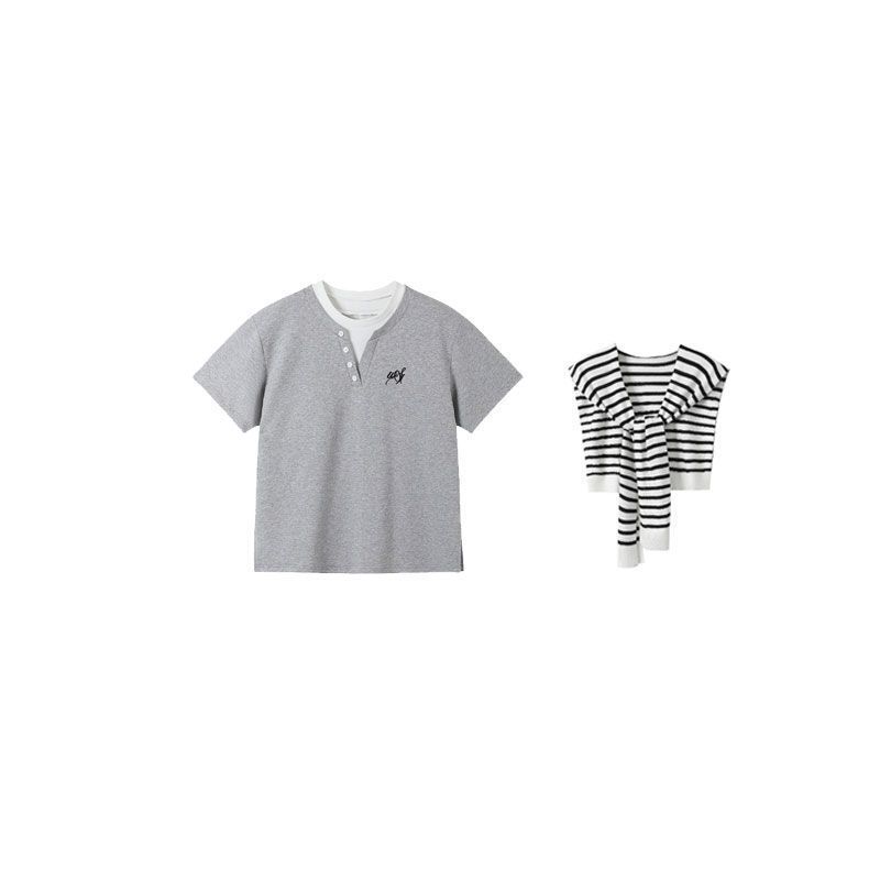 シンプル通勤フェイクツーピースショールTシャツスーツレディース夏ハイウエスト刺繍スカート年齢軽減半袖トップイン|undefined