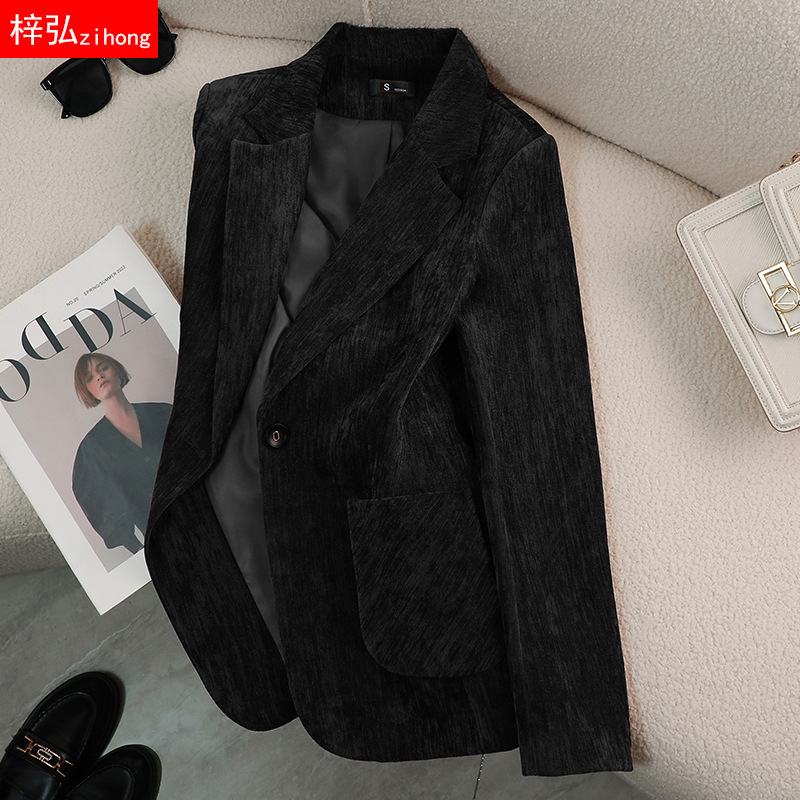 Black Velvet Woolen Suit Jacket for Women, Autumn and Winter Thick Style, 2024 New High-End Elegant Suit