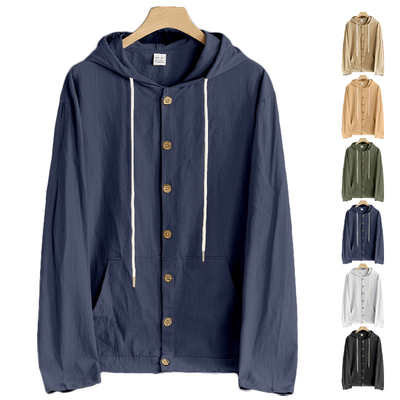 Transfronterizo Amazon Europa y América primavera y otoño camisa de botón hombre algodón y lino casual simple chaqueta de manga larga encapuchada de playa