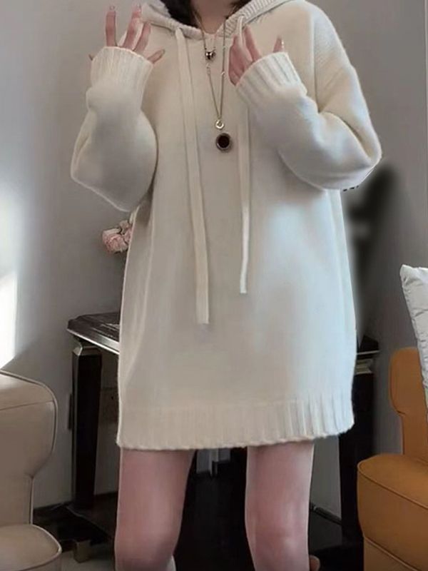欧洲站针织衫连帽中长款毛衣女2025秋季新款宽松慵懒风套头上衣潮|undefined