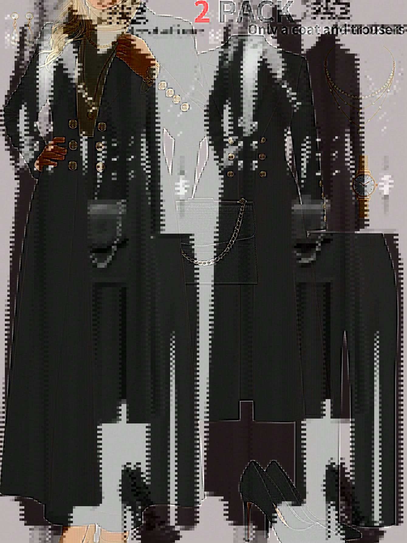 Plus Size Elegant Retro Style Suit Coat Casual Straight Leg Trousers Waist Cinching Long Coat Set_ecoleips.com