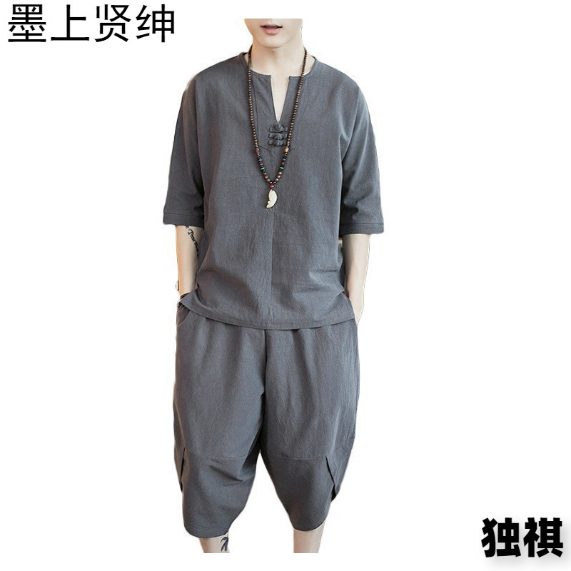 2023 traje casual para hombre estilo chino moda suelta hebilla de disco manga corta camiseta bombachos de dos piezas de algodón y lino al por mayor