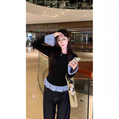 【自家工厂现货】休闲假两件长袖圆领格纹T恤女秋季修身显瘦上衣