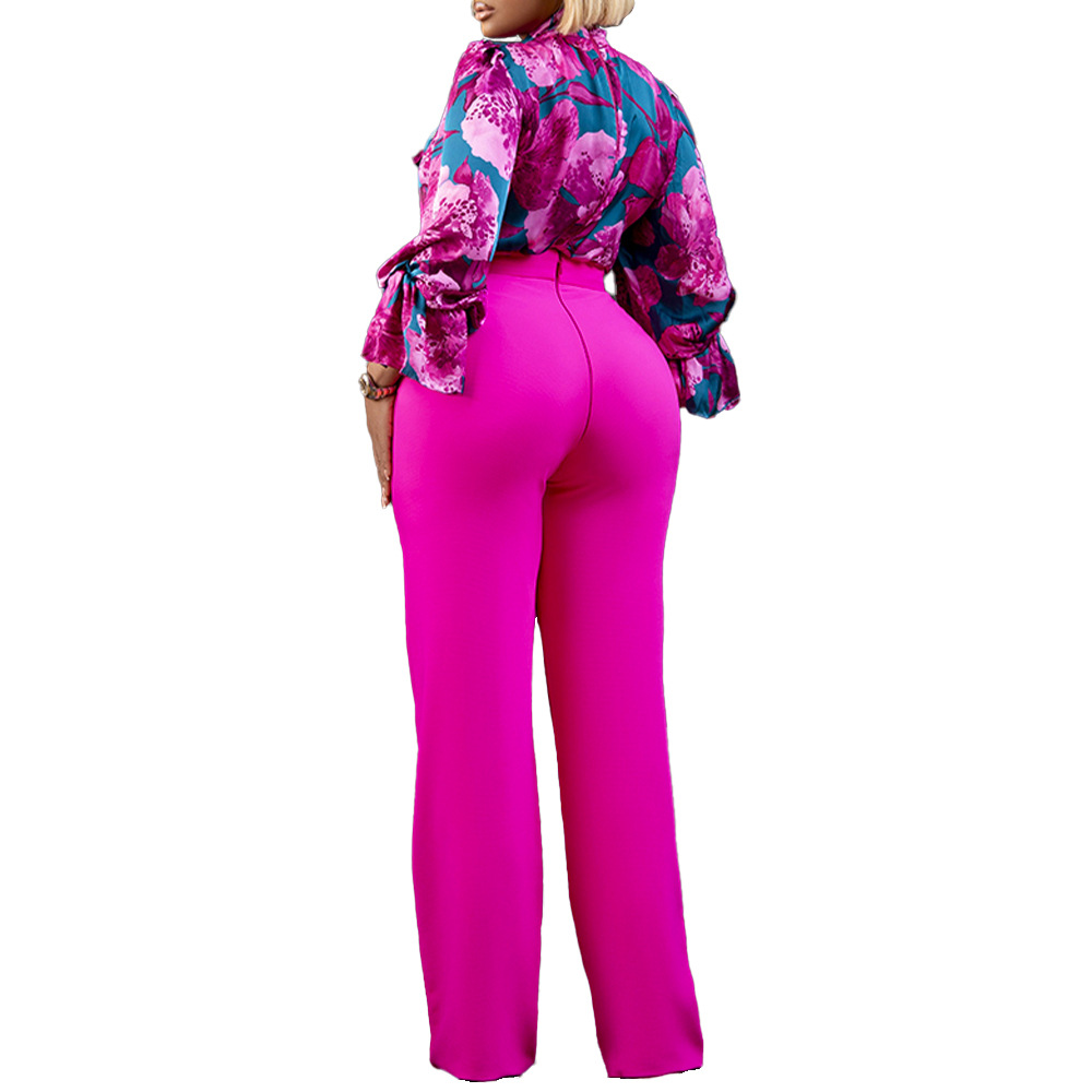 camicie a maniche lunghe stampate casual di grandi dimensioni e pantaloni a gamba larga set due pezzi transfrontalieri_voghion.com