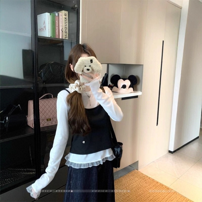 韩系蕾丝花边纯色长袖t恤女秋季甜美叠穿吊带背心修身上衣两件套|undefined