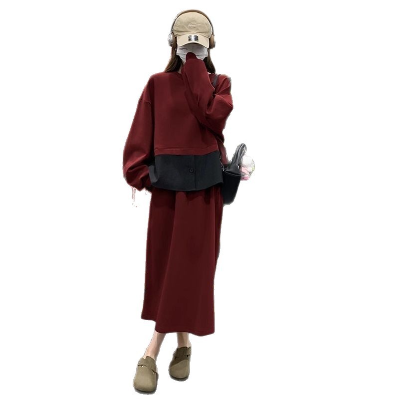 大码春秋季卫衣半身裙时尚套装大码女装新款休闲连衣裙假两件套|undefined