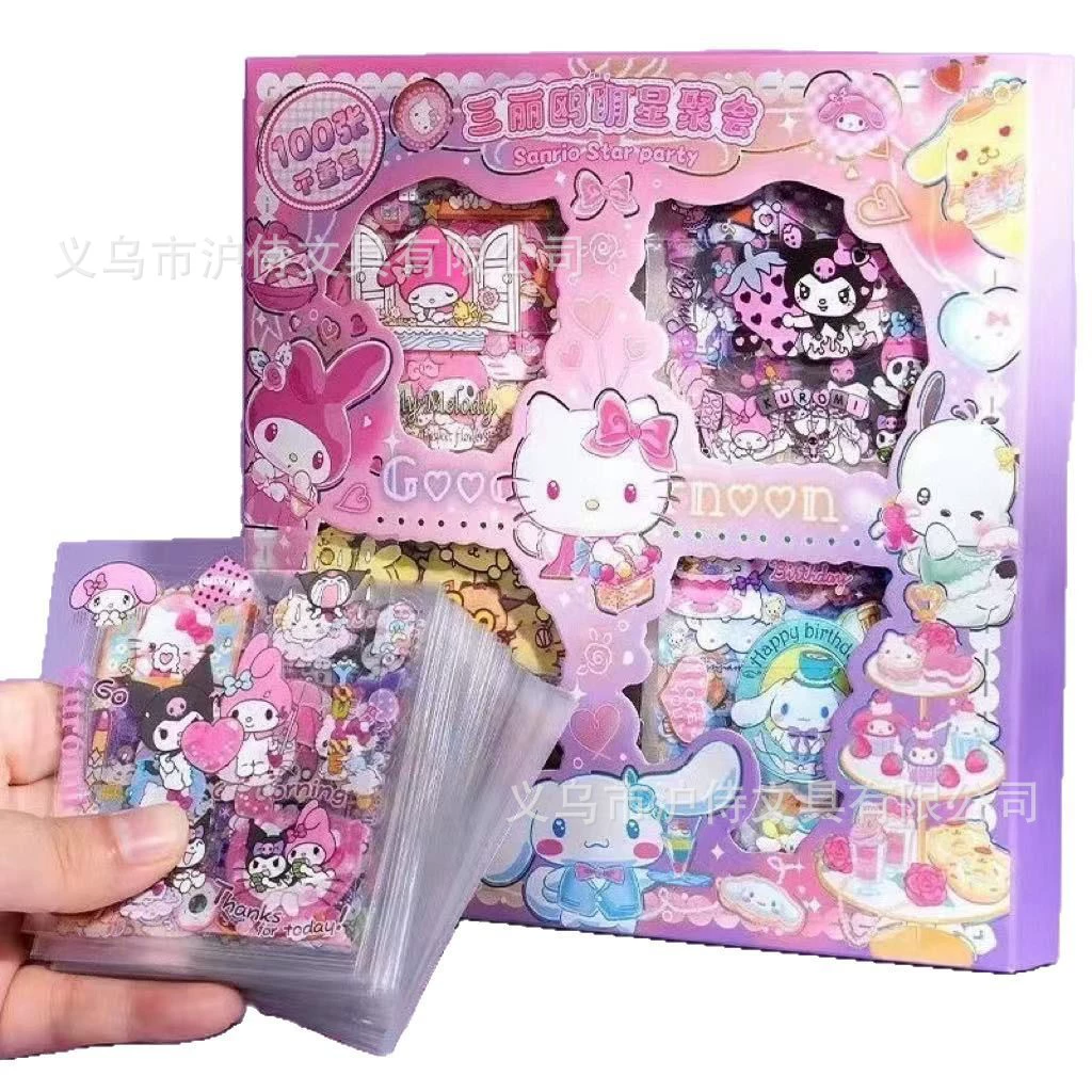 Набор наклеек Sanrio, 100 шт., водонепроницаемые, подарочная коробка (Hello Kitty, Kuromi, Melody)