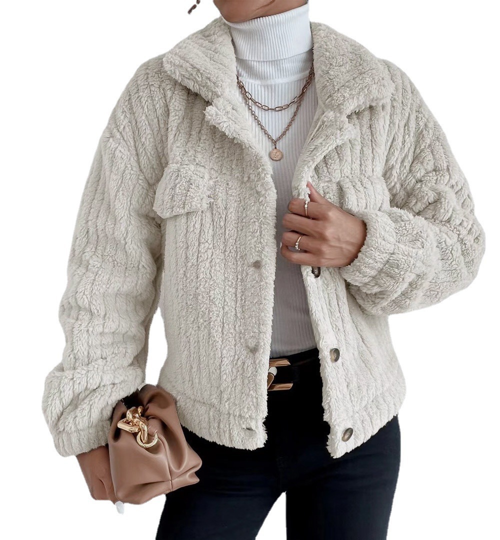 Camicia con risvolto in peluche da donna più camicetta casual comoda in velluto_voghion.com